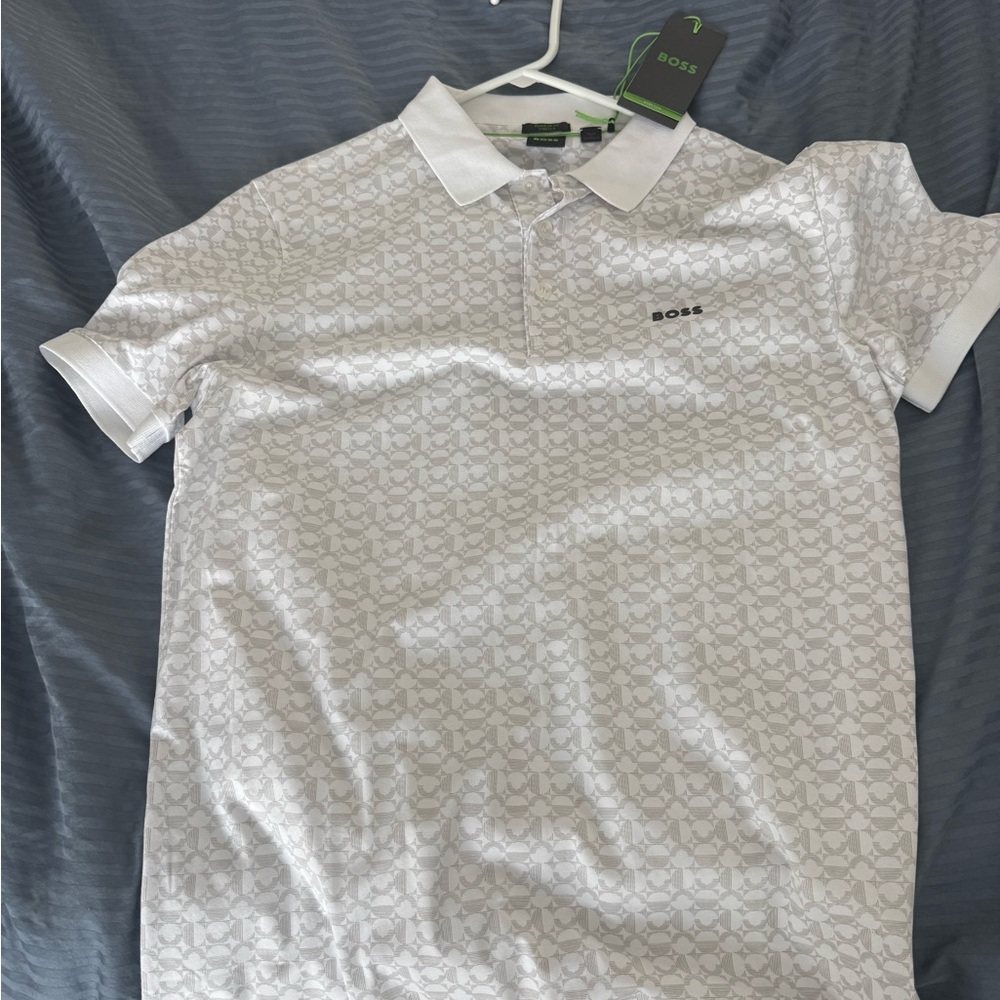 BOSS White Geometric-Print Polo with Subtle Logo